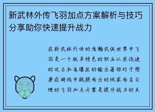 新武林外传飞羽加点方案解析与技巧分享助你快速提升战力